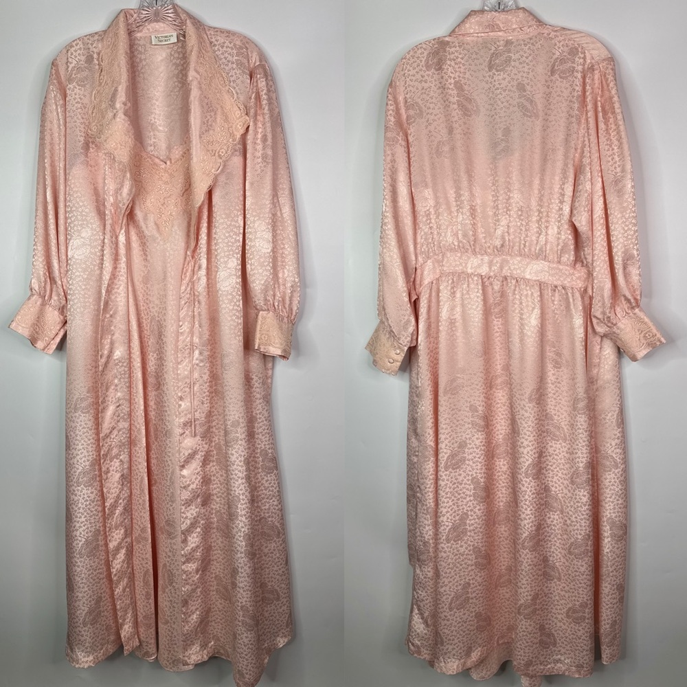 Vintage Victoria's Secret Gold Label Pink Full Length Robe and Slip Set M/L